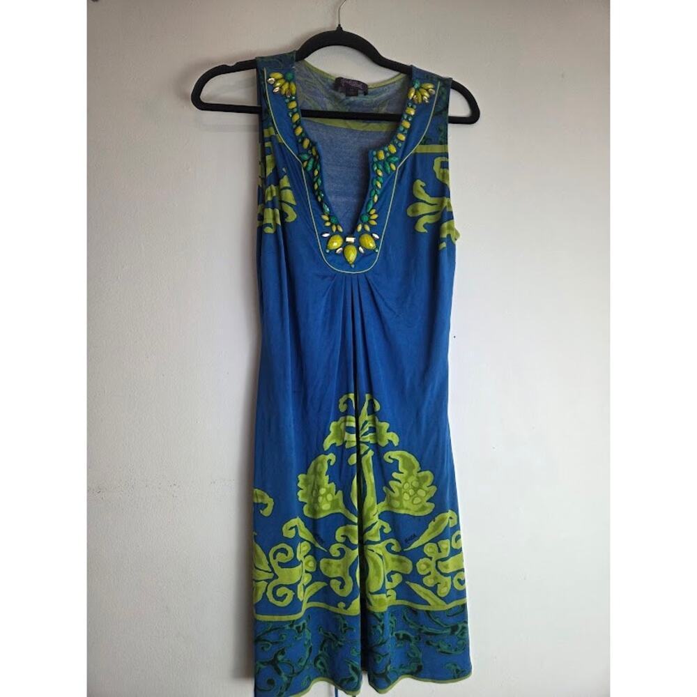 Hale Bob Blue Green Bejeweled 100% Silk Sleeveless Dress size Medium